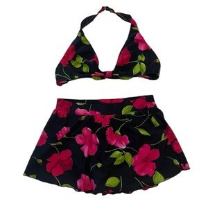 Vintage Y2K Cole Bikini floral cottagecore full coverage black red green size 8